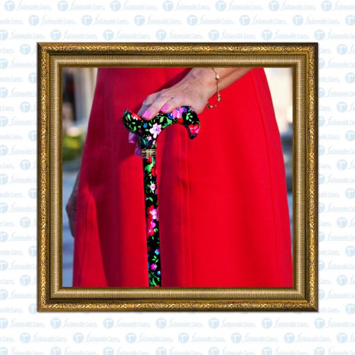 花が咲く暗い夜空の花柄デザインのおしゃれ杖・ステッキ